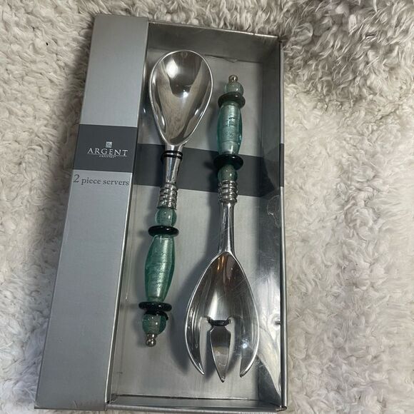 NIB Argent Orfevres Stainless Steel Ornate Plastic Handle two piece Servers - Picture 5 of 8